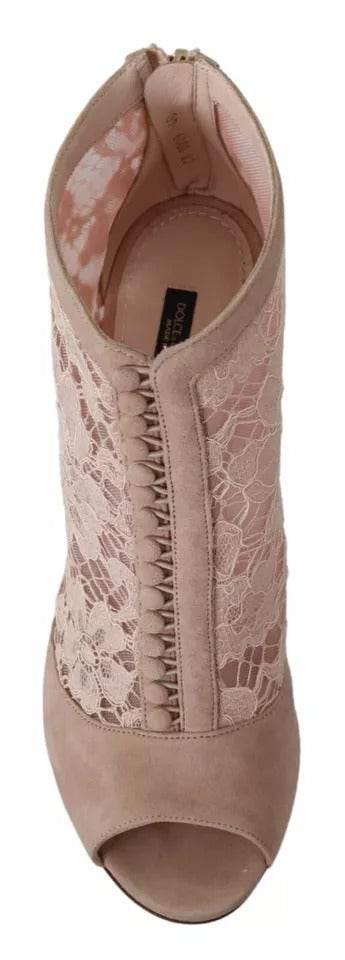 Dolce & Gabbana Beige Lace Suede Peep Toe Ankle Boots Shoes - Hilstor