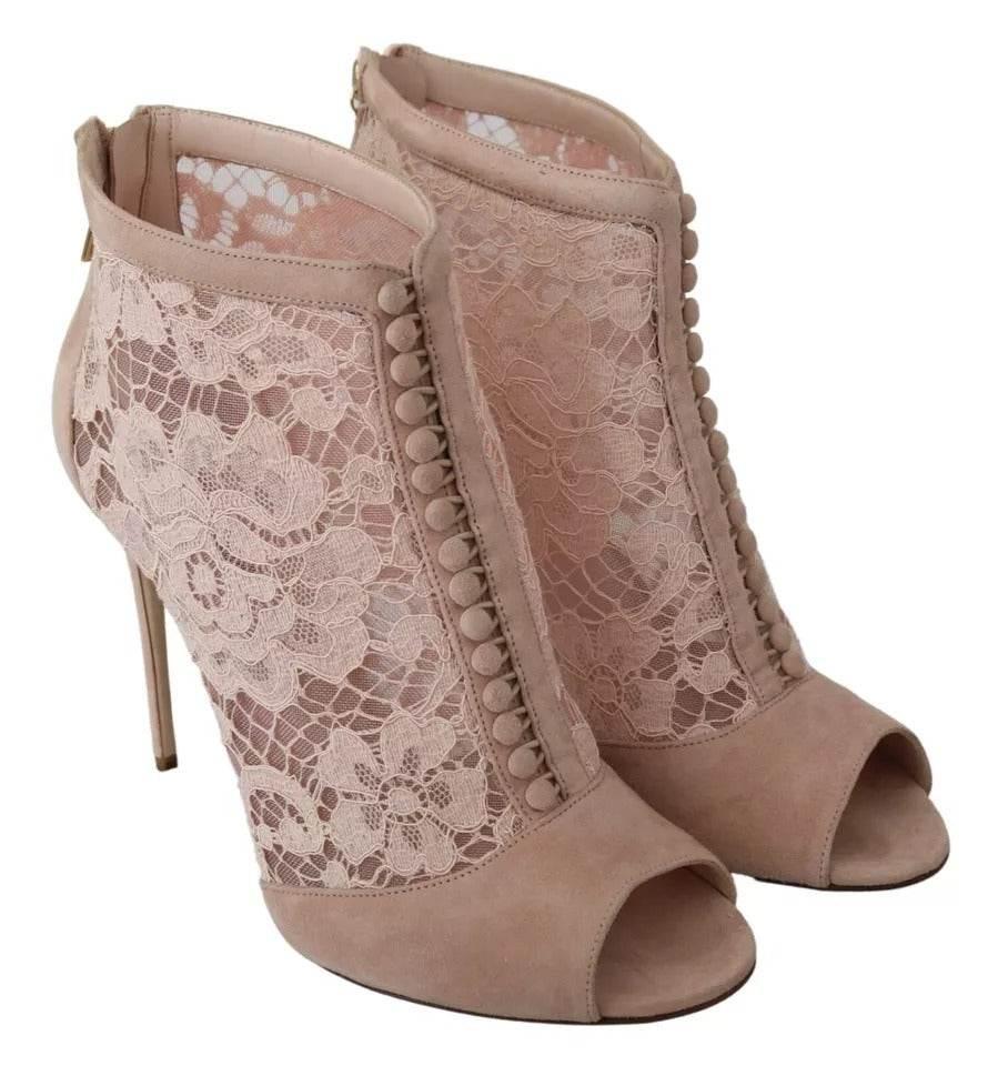 Dolce & Gabbana Beige Lace Suede Peep Toe Ankle Boots Shoes - Hilstor