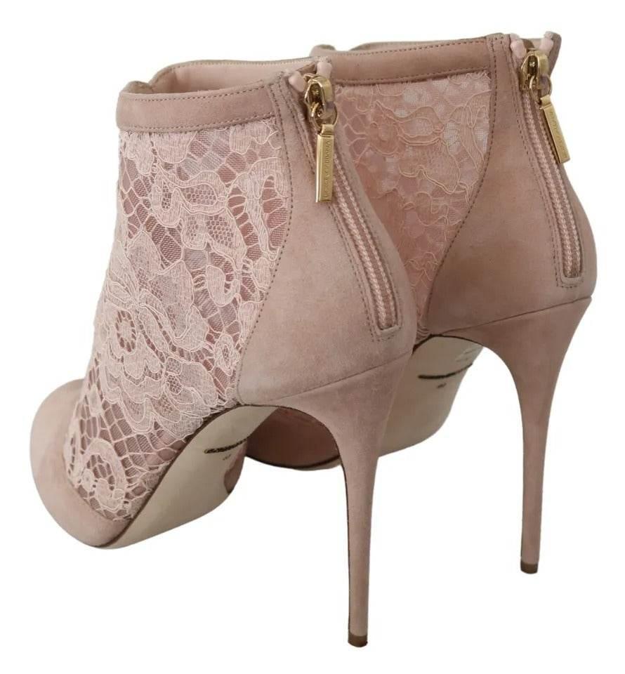 Dolce & Gabbana Beige Lace Suede Peep Toe Ankle Boots Shoes - Hilstor