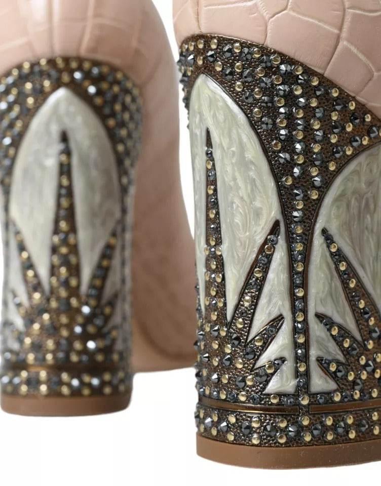Dolce & Gabbana Beige Leather Mary Janes Embellished Shoes - Hilstor