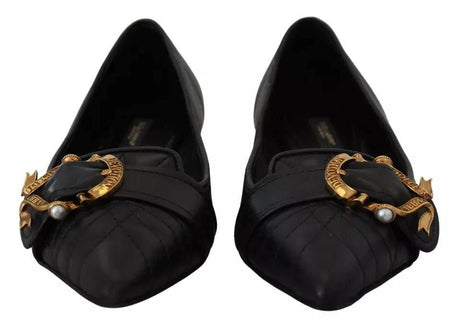 Dolce & Gabbana Black Devotion Leather Pointy Flats Shoes - Hilstor
