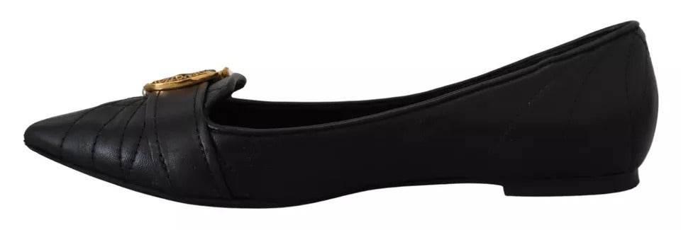 Dolce & Gabbana Black Devotion Leather Pointy Flats Shoes - Hilstor