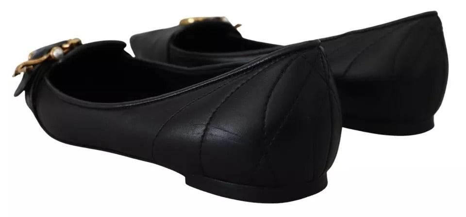 Dolce & Gabbana Black Devotion Leather Pointy Flats Shoes - Hilstor