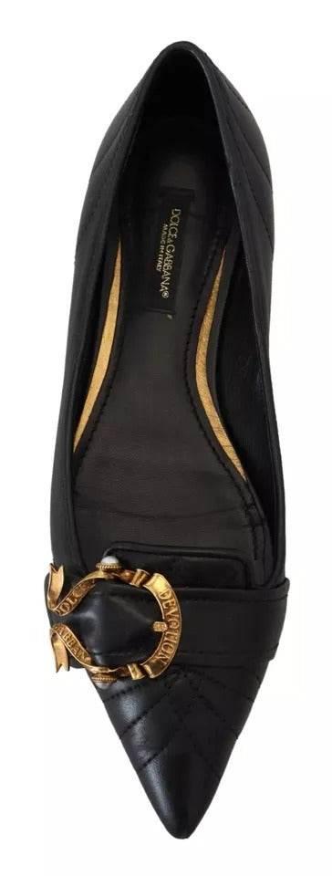 Dolce & Gabbana Black Devotion Leather Pointy Flats Shoes - Hilstor