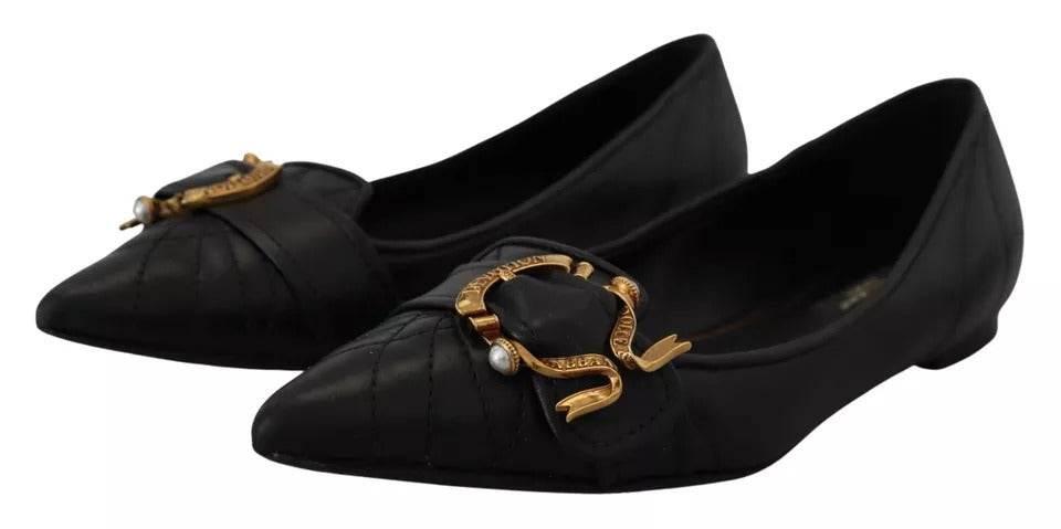 Dolce & Gabbana Black Devotion Leather Pointy Flats Shoes - Hilstor
