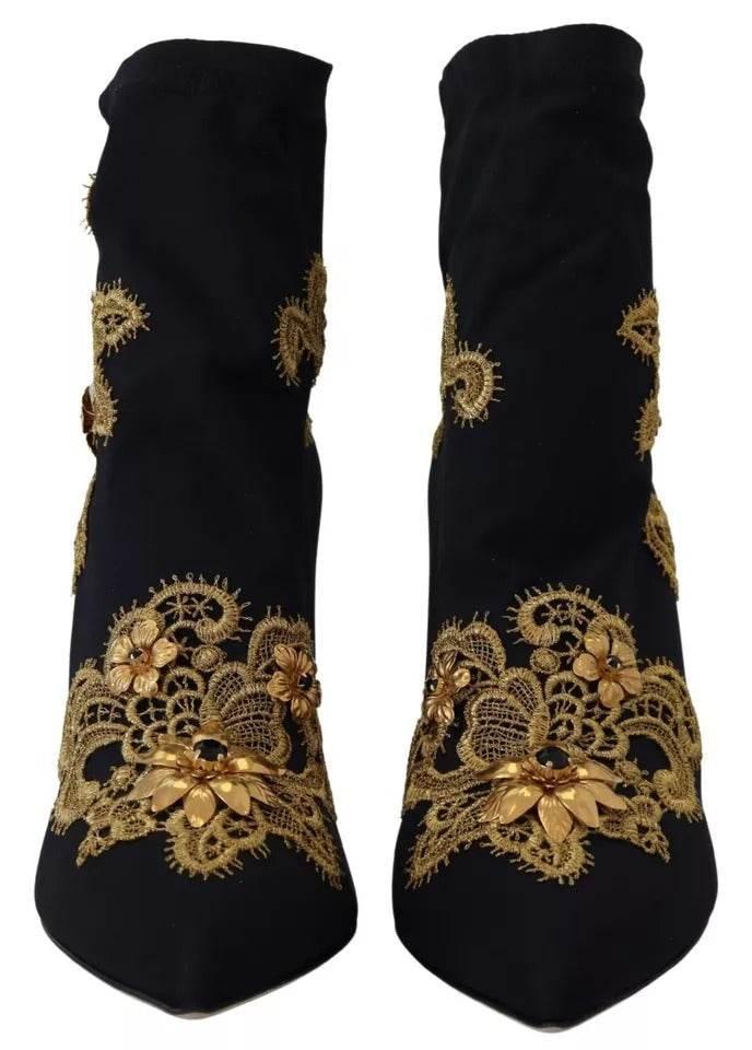 Dolce & Gabbana Black Gold Embroidery Slip On Boots Shoes - Hilstor
