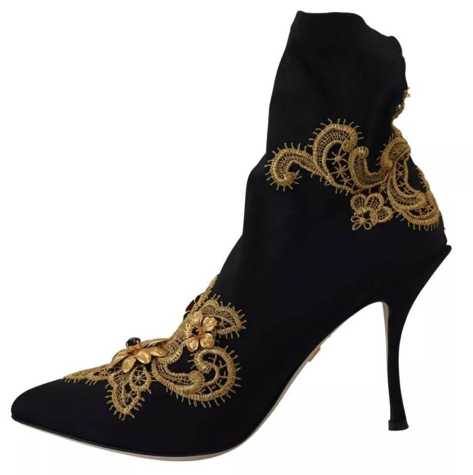 Dolce & Gabbana Black Gold Embroidery Slip On Boots Shoes - Hilstor
