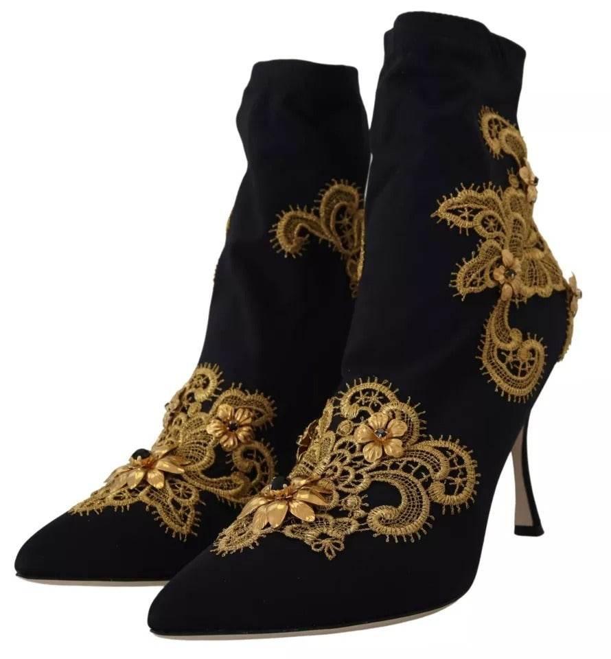Dolce & Gabbana Black Gold Embroidery Slip On Boots Shoes - Hilstor