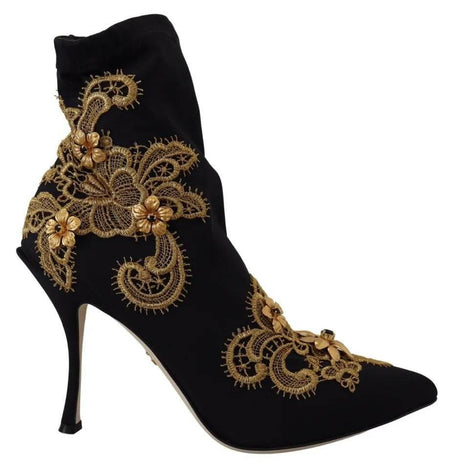 Dolce & Gabbana Black Gold Embroidery Slip On Boots Shoes - Hilstor