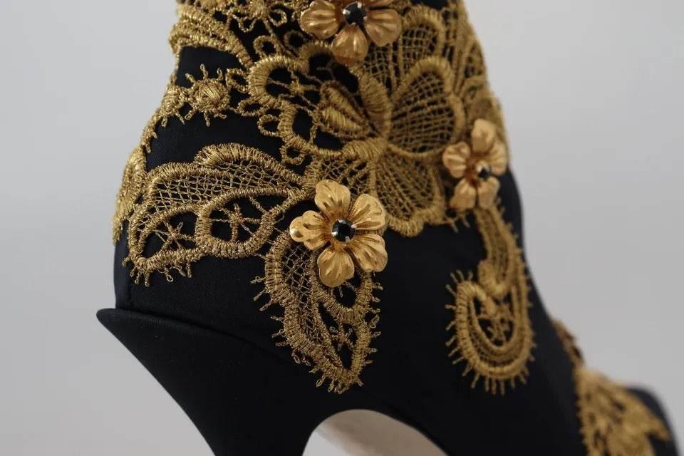 Dolce & Gabbana Black Gold Embroidery Slip On Boots Shoes - Hilstor