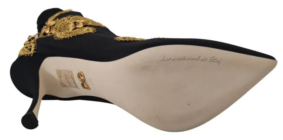 Dolce & Gabbana Black Gold Embroidery Slip On Boots Shoes - Hilstor