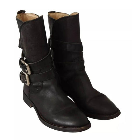 Dolce & Gabbana Black Leather Buckle Mid Calf Boots Shoes - Hilstor
