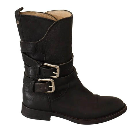 Dolce & Gabbana Black Leather Buckle Mid Calf Boots Shoes - Hilstor