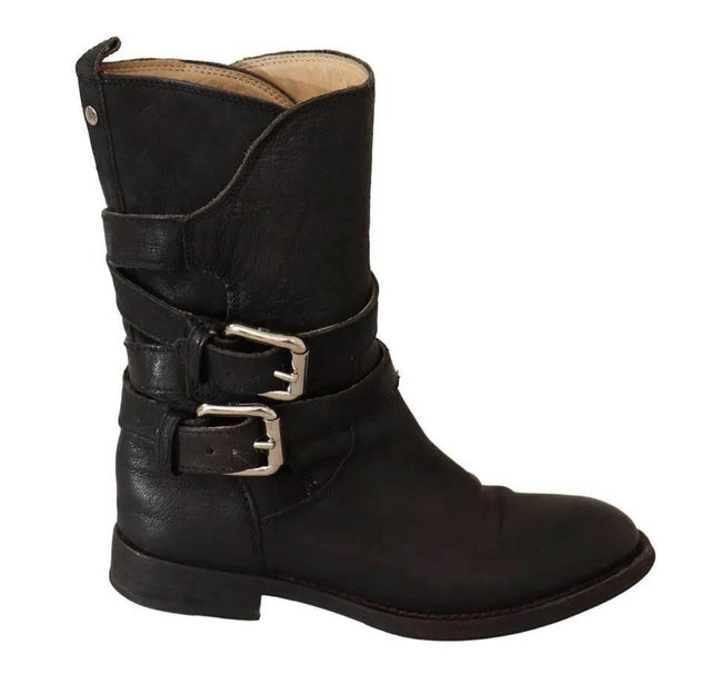 Dolce & Gabbana Black Leather Buckle Mid Calf Boots Shoes - Hilstor