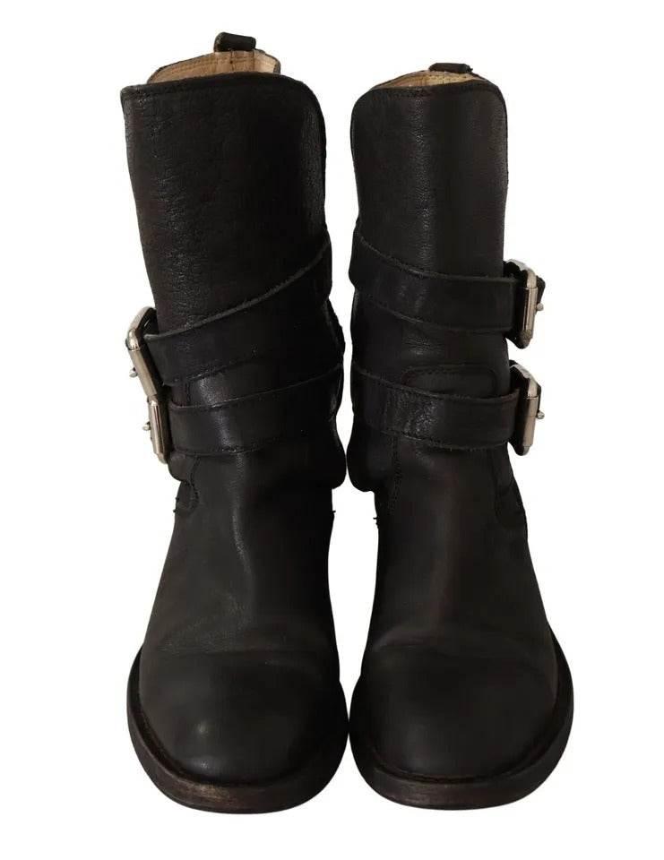 Dolce & Gabbana Black Leather Buckle Mid Calf Boots Shoes - Hilstor