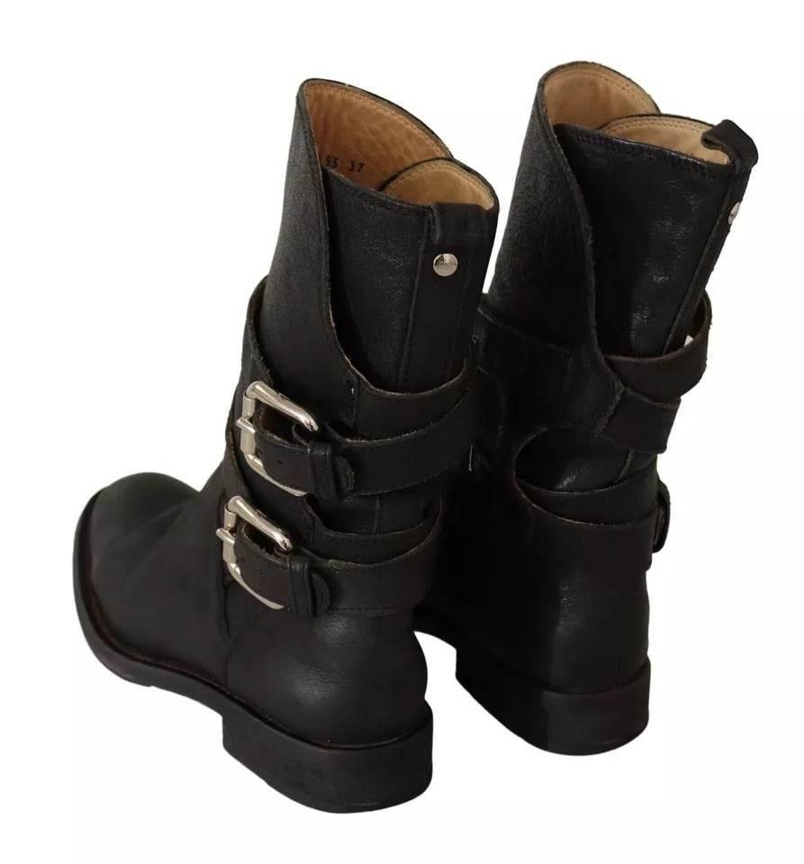 Dolce & Gabbana Black Leather Buckle Mid Calf Boots Shoes - Hilstor