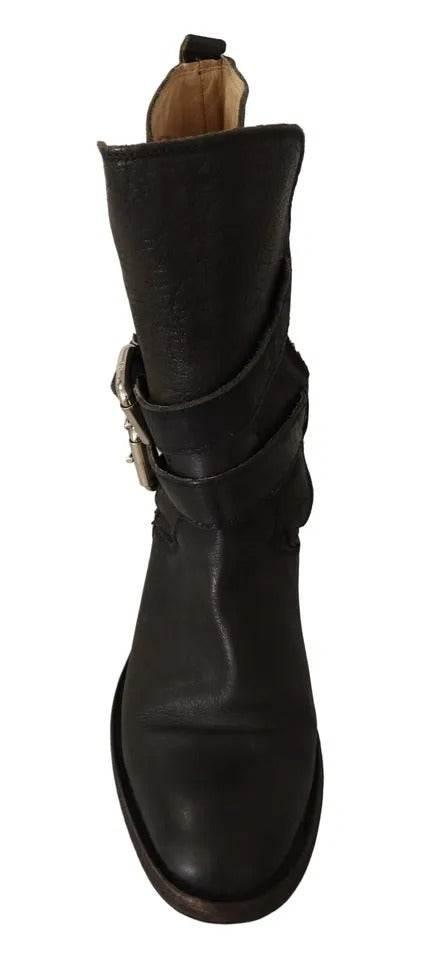 Dolce & Gabbana Black Leather Buckle Mid Calf Boots Shoes - Hilstor