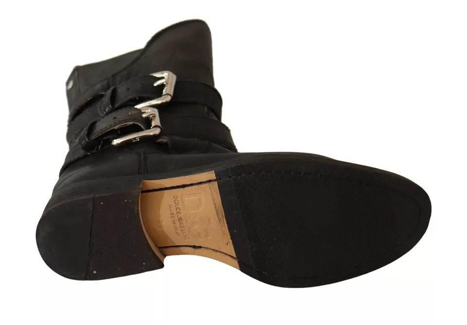 Dolce & Gabbana Black Leather Buckle Mid Calf Boots Shoes - Hilstor