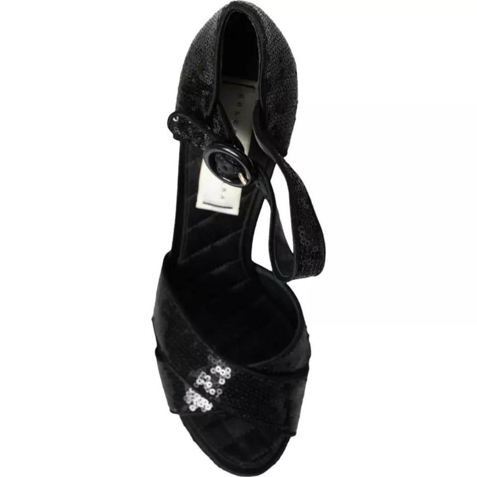 Dolce & Gabbana Black Sequin Ankle Strap Heels Sandals Shoes - Hilstor