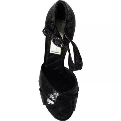 Dolce & Gabbana Black Sequin Ankle Strap Heels Sandals Shoes - Hilstor