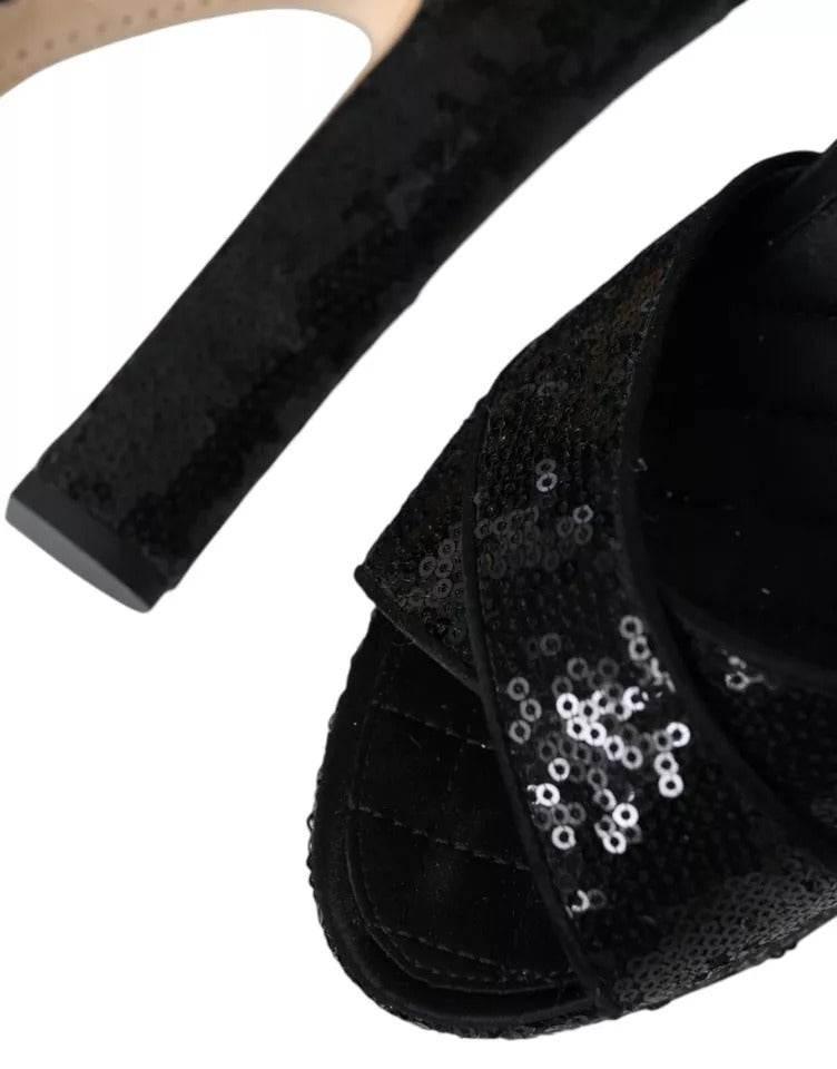 Dolce & Gabbana Black Sequin Ankle Strap Heels Sandals Shoes - Hilstor