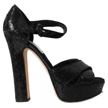 Dolce & Gabbana Black Sequin Ankle Strap Heels Sandals Shoes - Hilstor