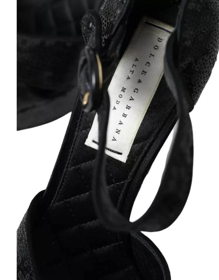 Dolce & Gabbana Black Sequin Ankle Strap Heels Sandals Shoes - Hilstor