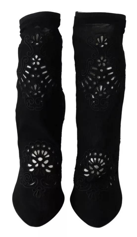 Dolce & Gabbana Black Stretch Pumps Boots Floral Lace Shoes - Hilstor