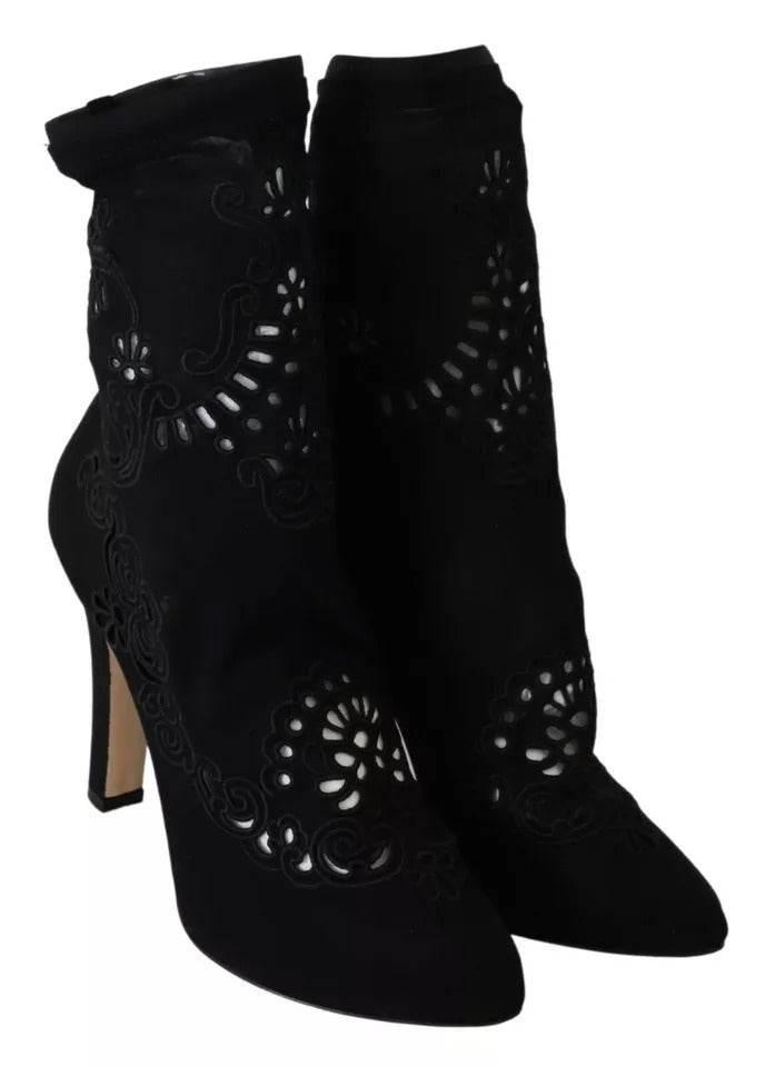 Dolce & Gabbana Black Stretch Pumps Boots Floral Lace Shoes - Hilstor