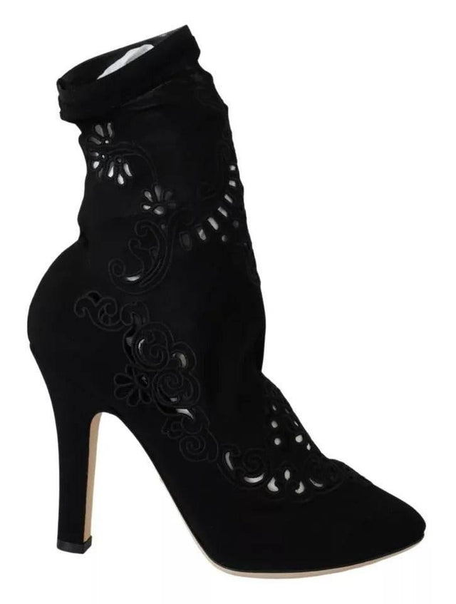 Dolce & Gabbana Black Stretch Pumps Boots Floral Lace Shoes - Hilstor