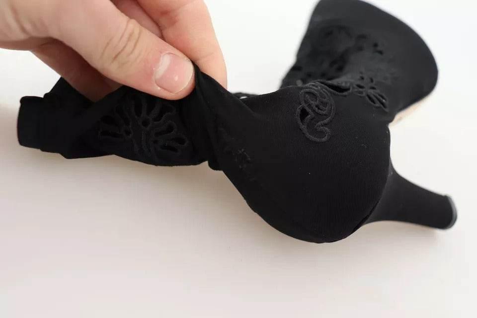Dolce & Gabbana Black Stretch Pumps Boots Floral Lace Shoes - Hilstor