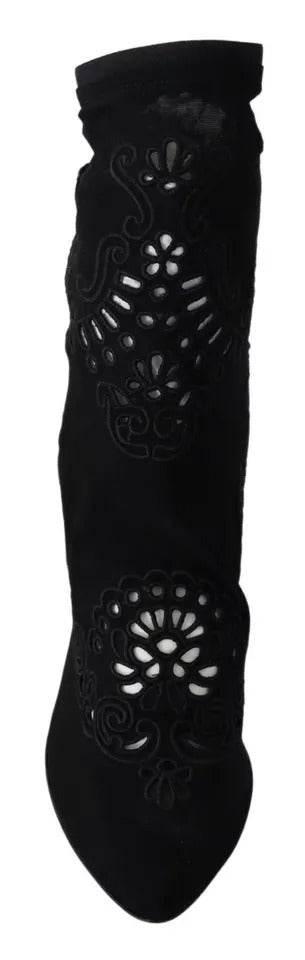 Dolce & Gabbana Black Stretch Pumps Boots Floral Lace Shoes - Hilstor