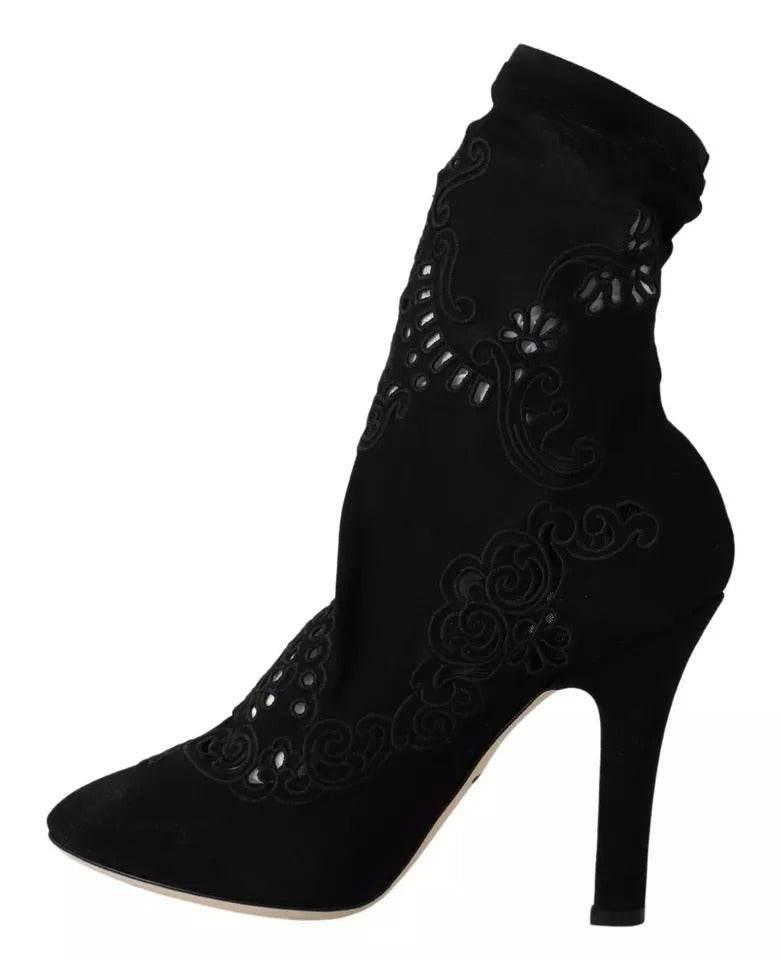 Dolce & Gabbana Black Stretch Pumps Boots Floral Lace Shoes - Hilstor