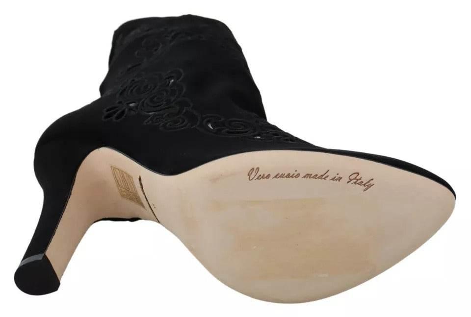 Dolce & Gabbana Black Stretch Pumps Boots Floral Lace Shoes - Hilstor