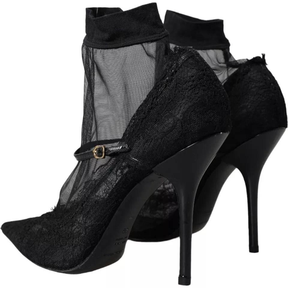 Dolce & Gabbana Black Tulle Stretch Boots Pumps Shoes - Hilstor