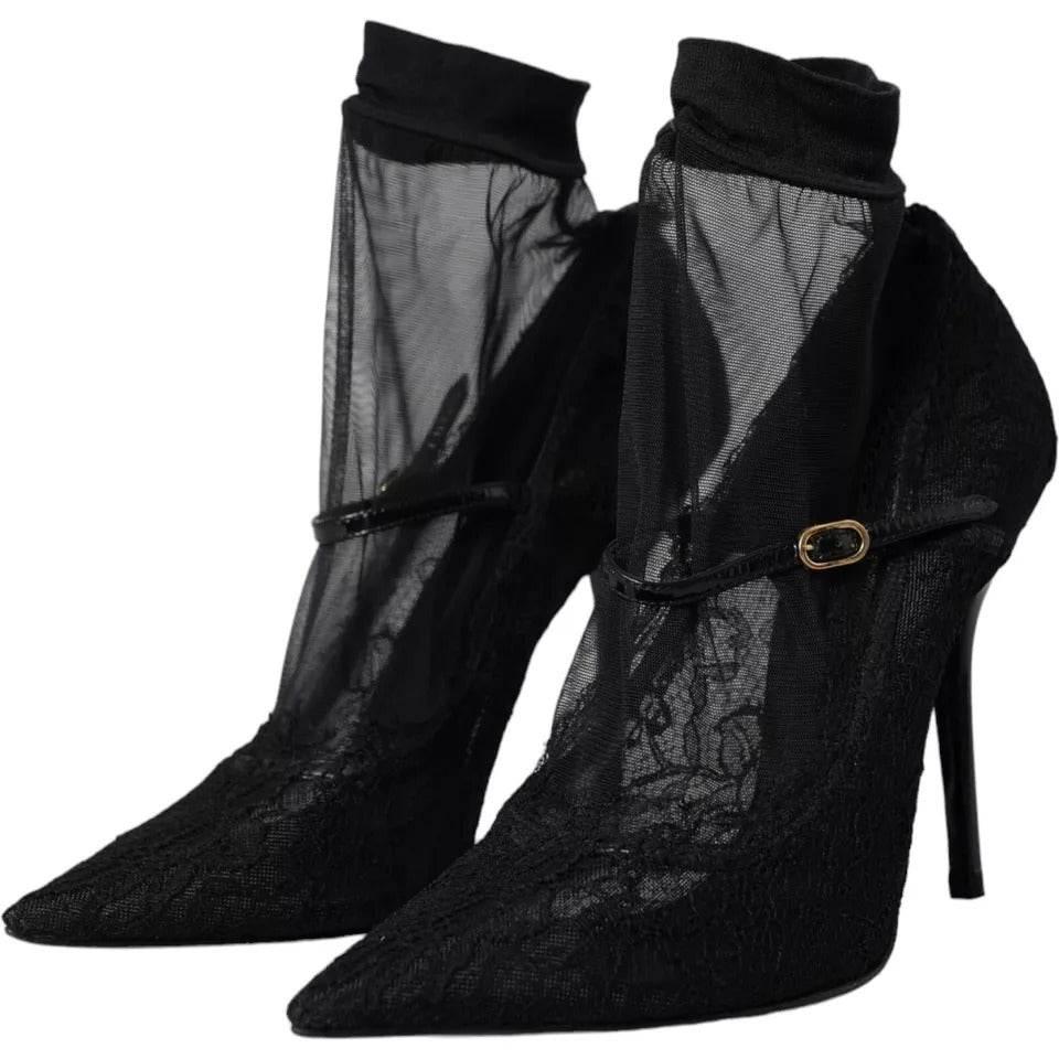 Dolce & Gabbana Black Tulle Stretch Boots Pumps Shoes - Hilstor