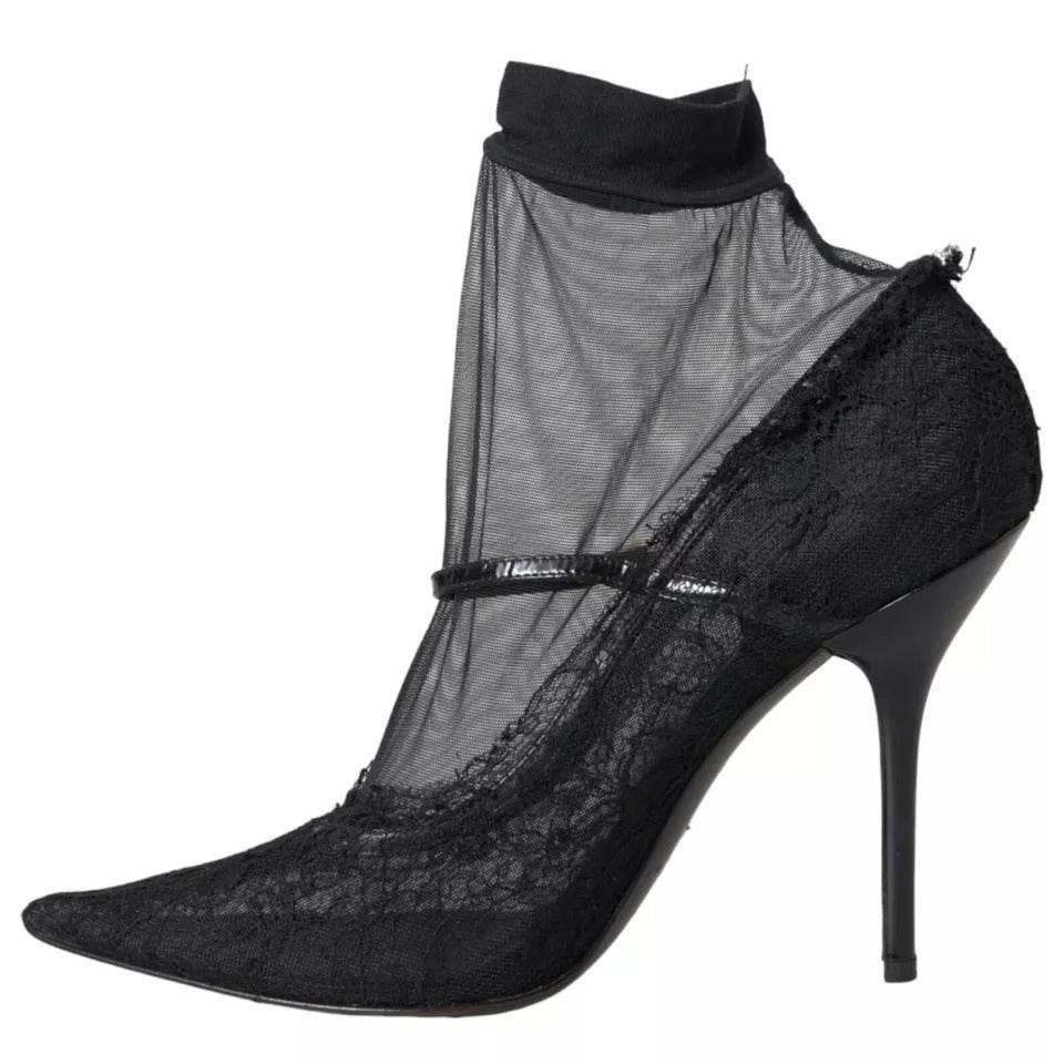 Dolce & Gabbana Black Tulle Stretch Boots Pumps Shoes - Hilstor