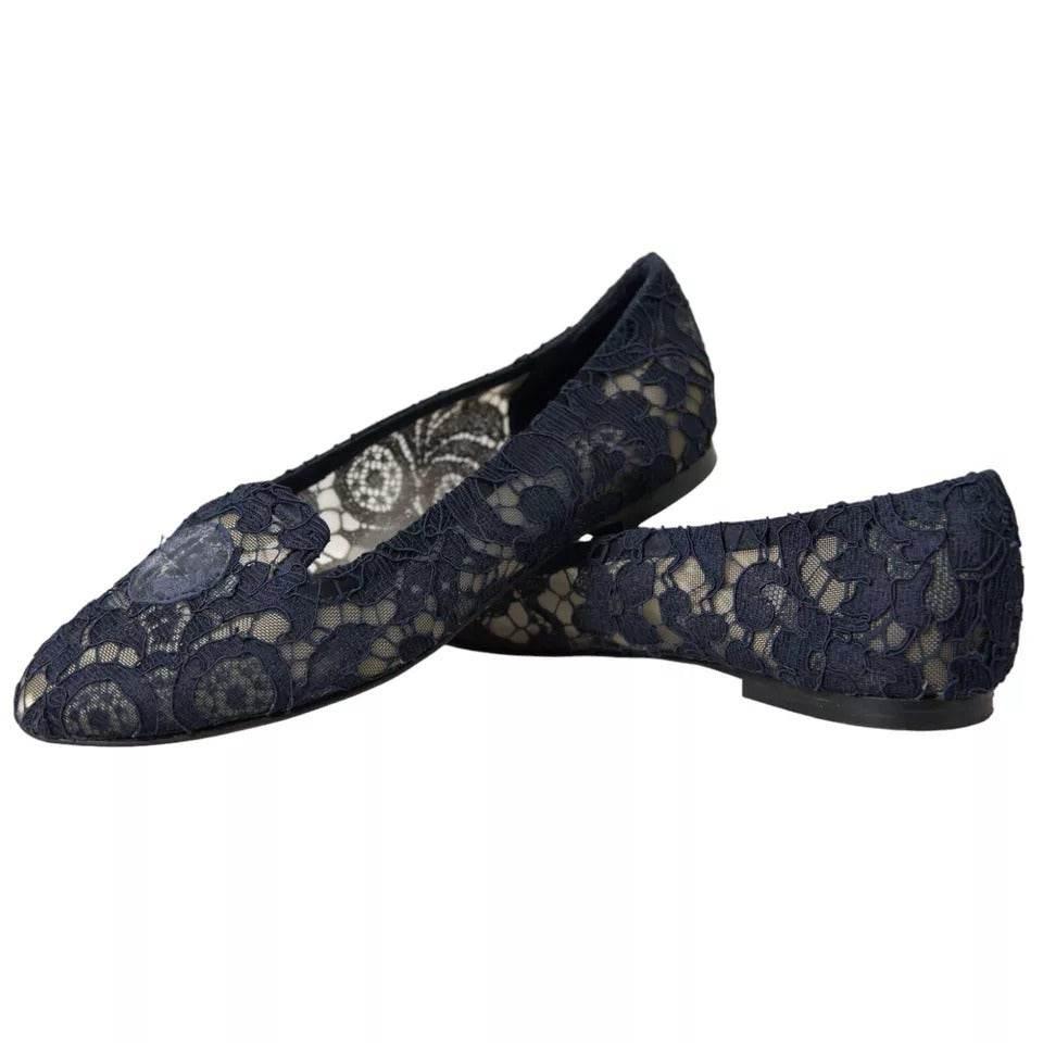 Dolce & Gabbana Dark Blue Taormina Lace Slip On Flats Shoes - Hilstor