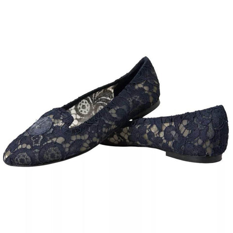 Dolce & Gabbana Dark Blue Taormina Lace Slip On Flats Shoes - Hilstor