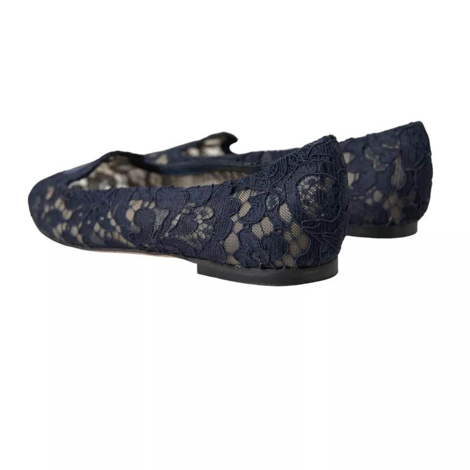 Dolce & Gabbana Dark Blue Taormina Lace Slip On Flats Shoes - Hilstor