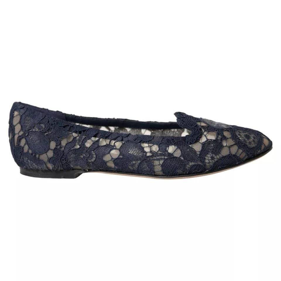 Dolce & Gabbana Dark Blue Taormina Lace Slip On Flats Shoes - Hilstor