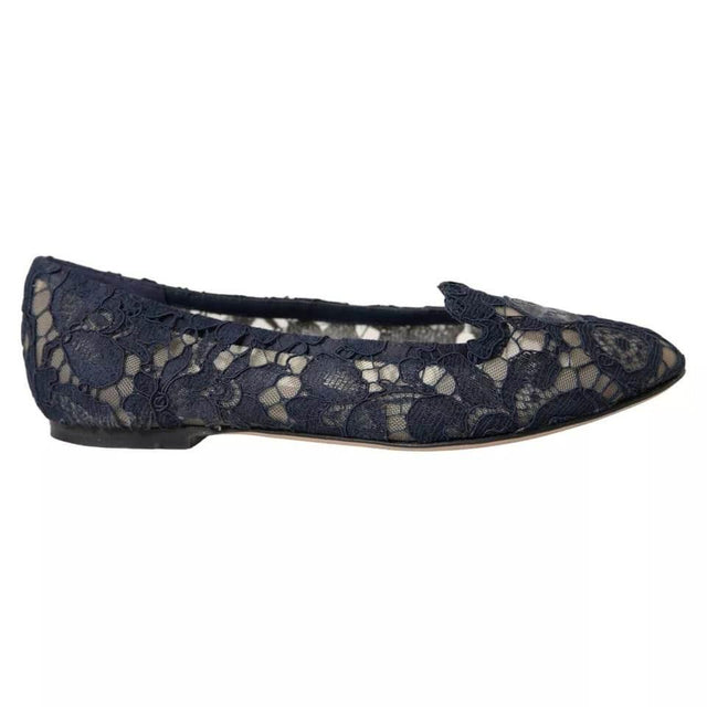 Dolce & Gabbana Dark Blue Taormina Lace Slip On Flats Shoes - Hilstor