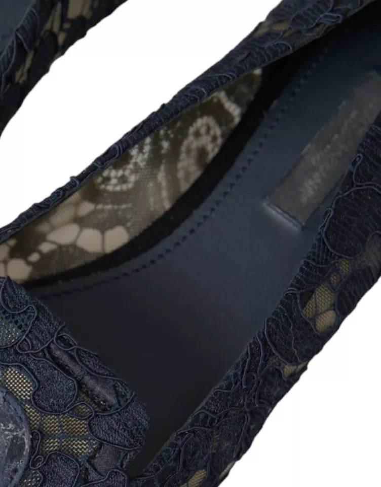 Dolce & Gabbana Dark Blue Taormina Lace Slip On Flats Shoes - Hilstor