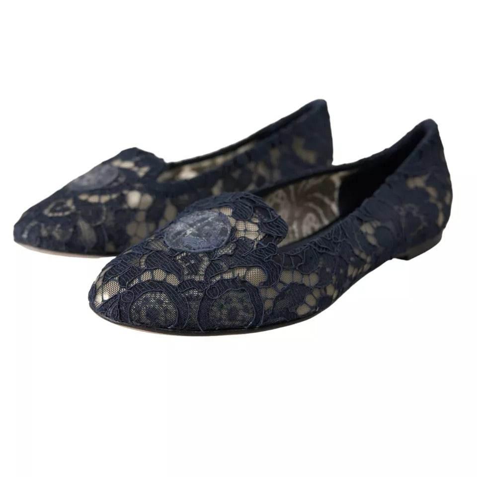 Dolce & Gabbana Dark Blue Taormina Lace Slip On Flats Shoes - Hilstor