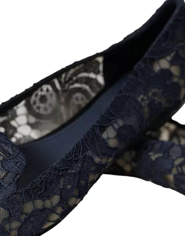 Dolce & Gabbana Dark Blue Taormina Lace Slip On Flats Shoes - Hilstor