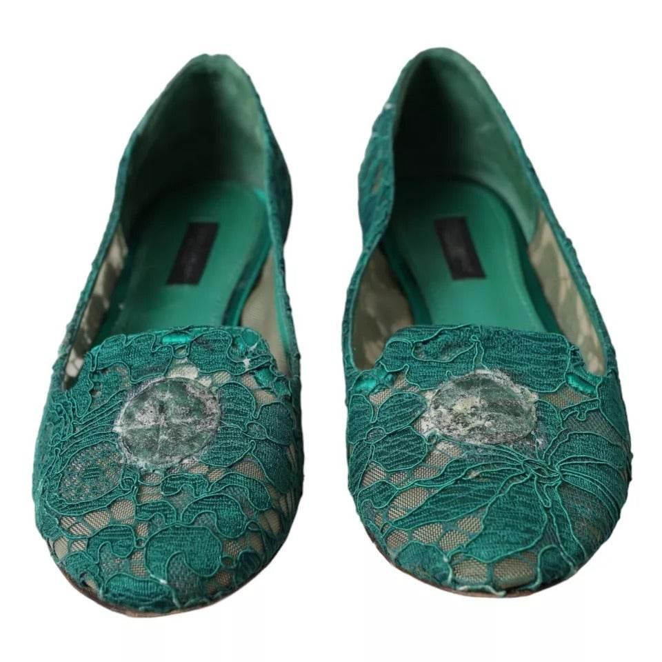 Dolce & Gabbana Green Taormina Lace Slip On Flats Shoes - Hilstor