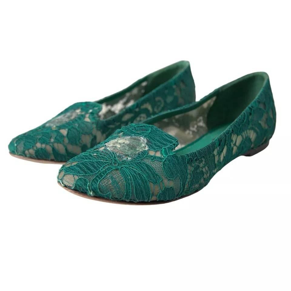 Dolce & Gabbana Green Taormina Lace Slip On Flats Shoes - Hilstor