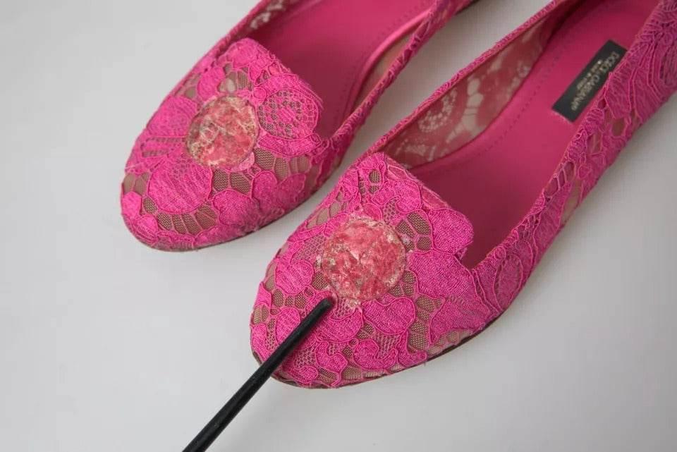 Dolce & Gabbana Pink Taormina Lace Slip On Flats Shoes - Hilstor