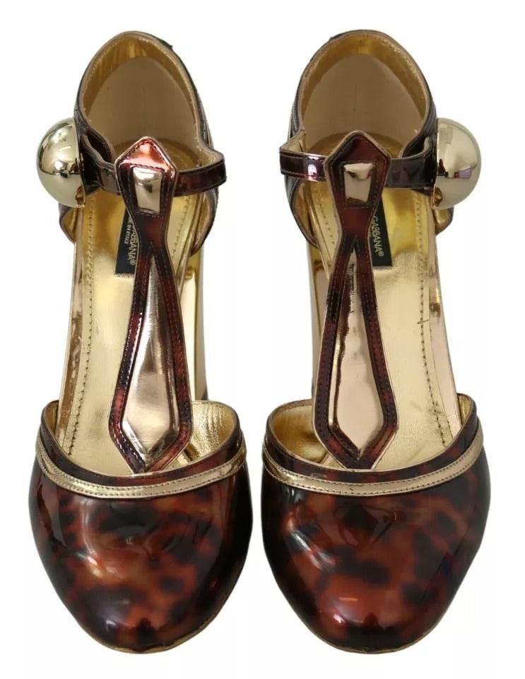 Dolce & Gabbana Gold Leopard T-strap Pumps Sandals Shoes - Hilstor