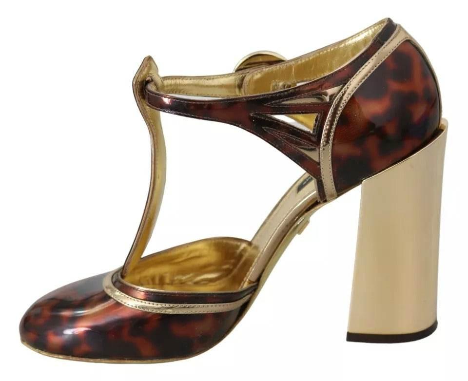 Dolce & Gabbana Gold Leopard T-strap Pumps Sandals Shoes - Hilstor